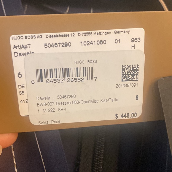 Hugo Boss size 6 draped navy with white pin-stripes dress. - Picture 2 of 5